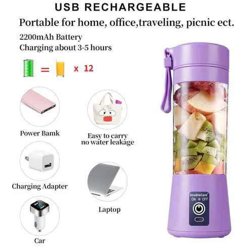 Portable USB Electric Juicer Blender – 6 Stainless Steel Blades | Rechargeable Protein Shaker & Smoothie Maker (380ml)